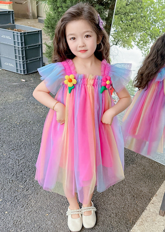 Bohemian Pink Ruffled Patchwork Tulle Girls Dress Summer