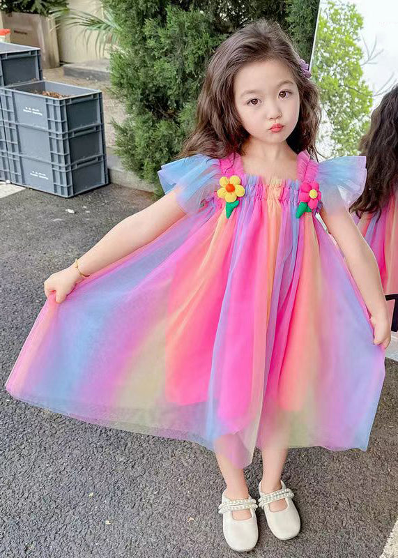 Bohemian Pink Ruffled Patchwork Tulle Girls Dress Summer