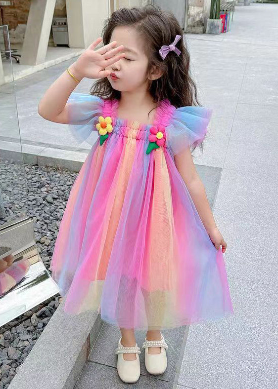 Bohemian Pink Ruffled Patchwork Tulle Girls Dress Summer