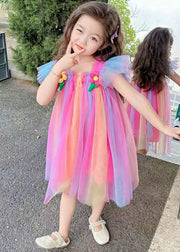 Bohemian Pink Ruffled Patchwork Tulle Girls Dress Summer