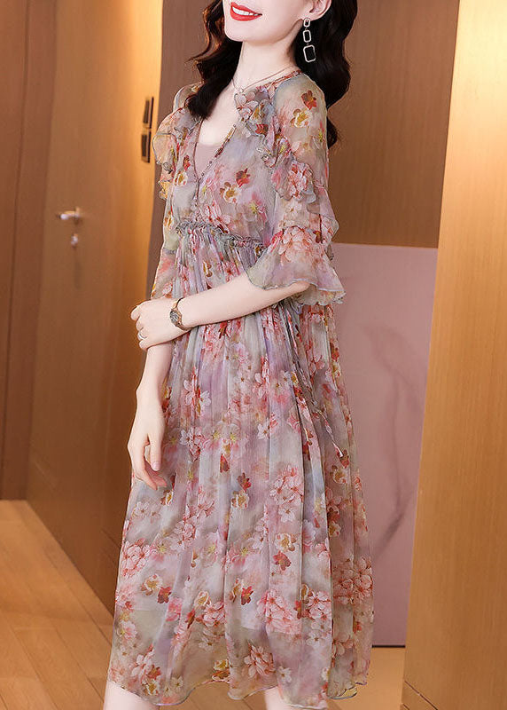 Bohemian Pink Ruffled Print Chiffon Beach Dress Summer