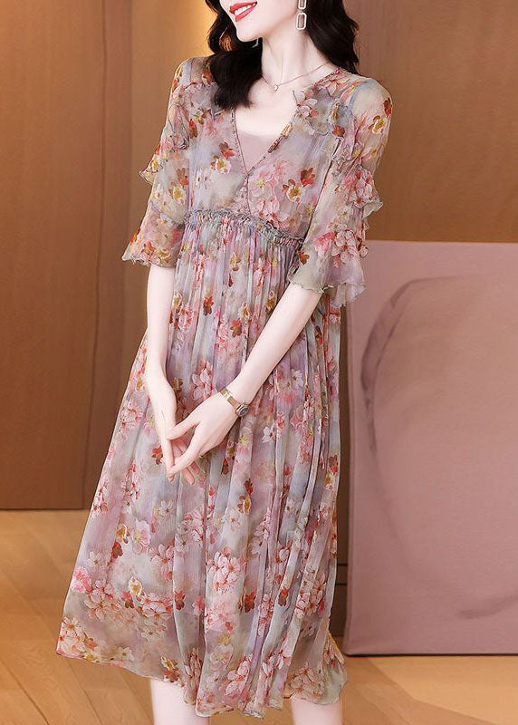 Bohemian Pink Ruffled Print Chiffon Beach Dress Summer