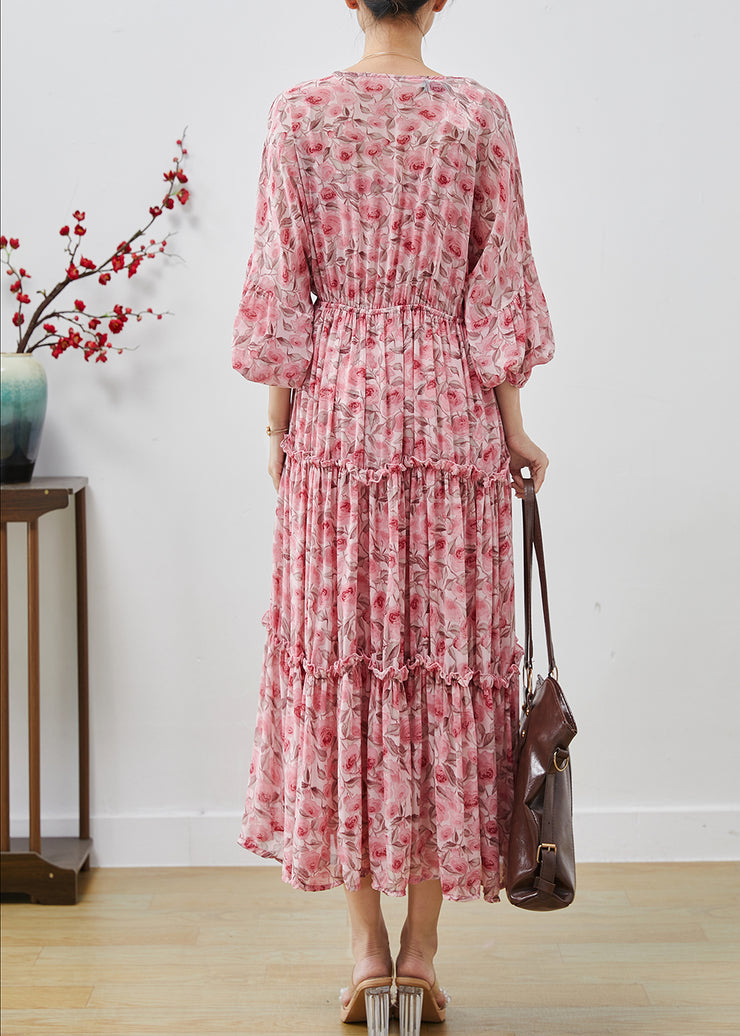 Bohemian Pink Ruffled Print Chiffon Maxi Dresses Lantern Sleeve