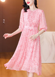 Bohemian Pink Ruffled Print Silk Dresses Half Sleeve