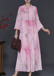 Bohemian Pink Ruffled Tie Dye Chiffon Maxi Dress Fall