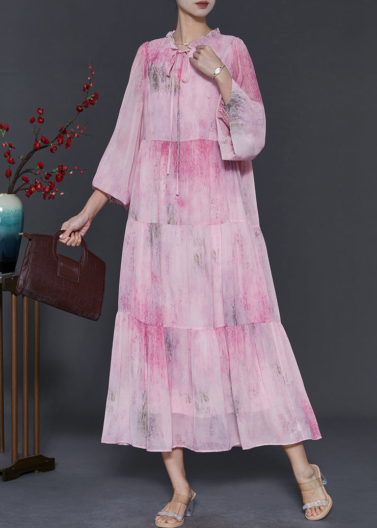 Bohemian Pink Ruffled Tie Dye Chiffon Maxi Dress Spring