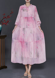 Bohemian Pink Ruffled Tie Dye Chiffon Maxi Dress Spring