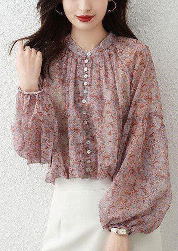 Bohemian Pink Stand Collar Print Chiffon Shirt Top Lantern Sleeve