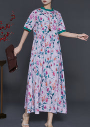 Bohemian Pink Stand Collar Print Silk Long Dress Summer