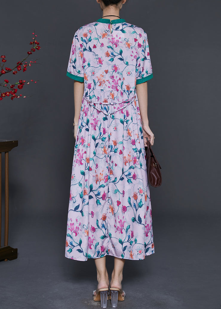 Bohemian Pink Stand Collar Print Silk Long Dress Summer