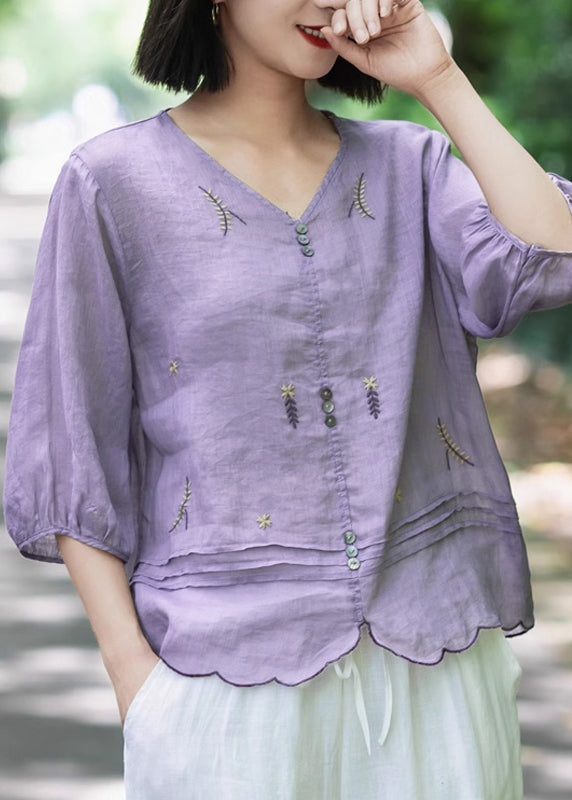 Bohemian Pink V Neck Embroideried Wrinkled Ramie Tops Fall