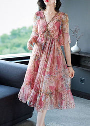 Bohemian Pink V Neck Print Chiffon Long Dresses Summer