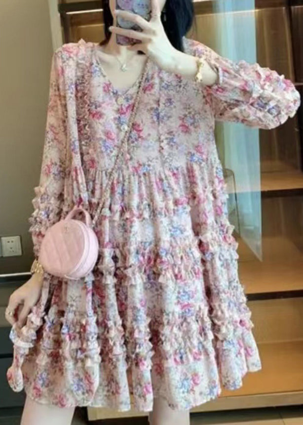 Bohemian Pink V Neck Print Patchwork Ruffled Mid Dress Long Sleeve