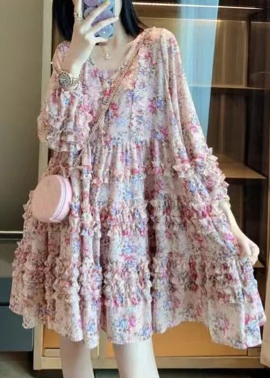 Bohemian Pink V Neck Print Patchwork Ruffled Mid Dress Long Sleeve