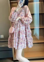 Bohemian Pink V Neck Print Patchwork Ruffled Mid Dress Long Sleeve