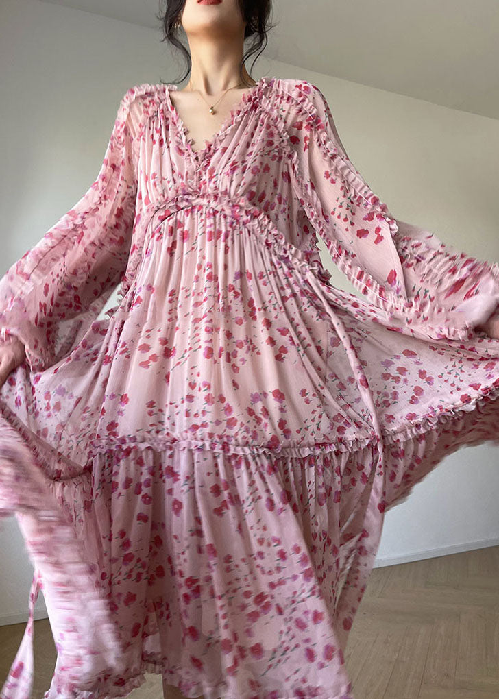 Bohemian Pink V Neck Print Patchwork Ruffles Silk Dresses Spring