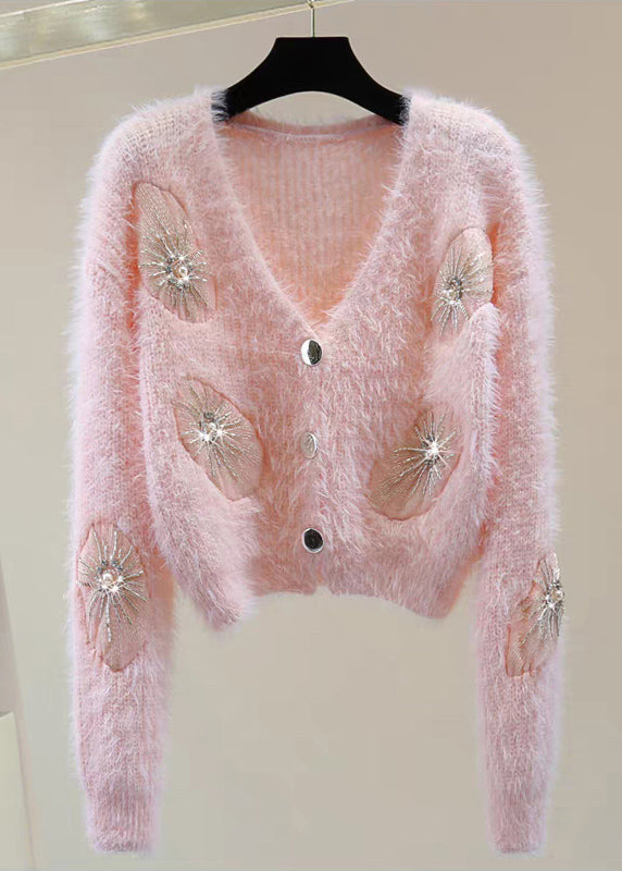 Bohemian Pink V Neck Zircon Thick Mink Hair Knitted Sweater Winter