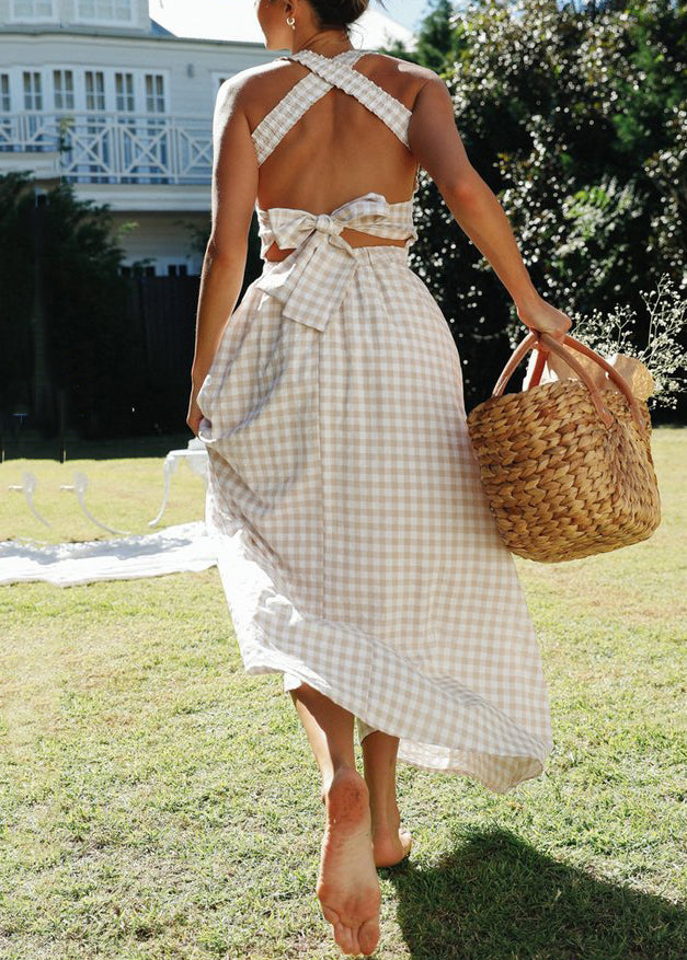 Bohemian Plaid Backless Lace Up Cotton Long Dresses Sleeveless