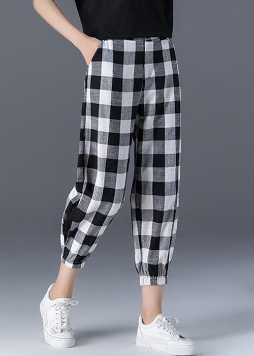 Bohemian Plaid Pockets Elastic Waist Ice Silk Crop Pants Summer