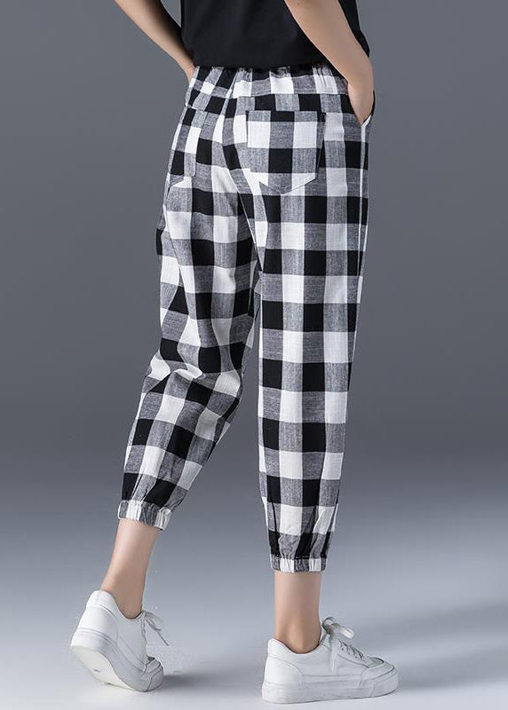 Bohemian Plaid Pockets Elastic Waist Ice Silk Crop Pants Summer