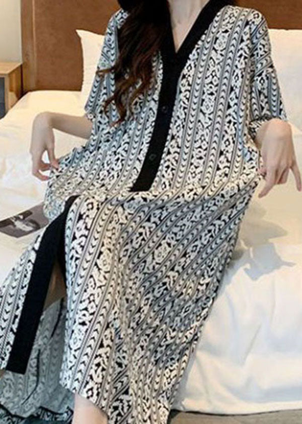 Bohemian Plaid V Neck Patchwork Cotton Pajamas Dress Summer