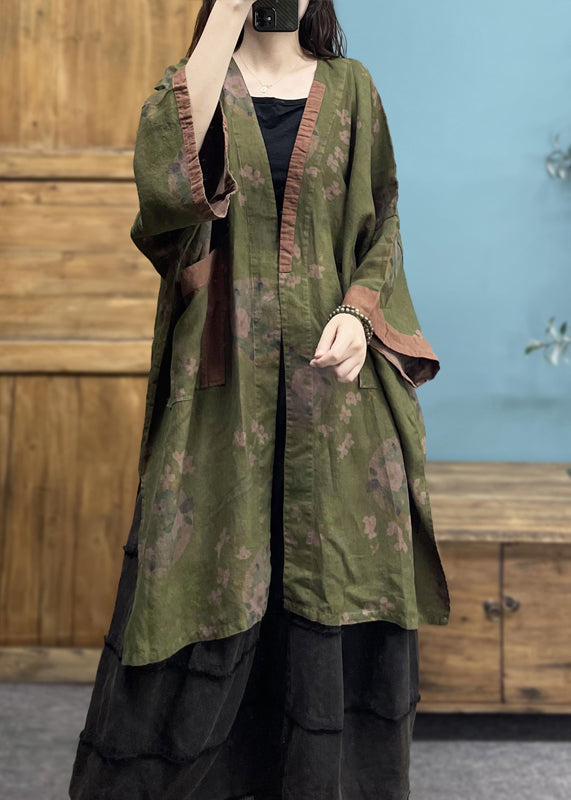 Bohemian Plus Size Green V Neck Print Linen Cardigans Spring