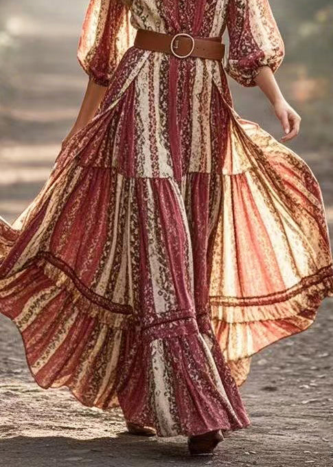 Bohemian Print Exra Large Hem Cotton Cinched Dress Spring