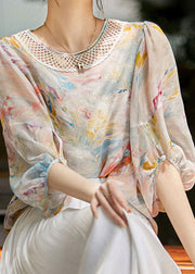 Bohemian Print Hollow Out Silk Shirts Long Sleeve