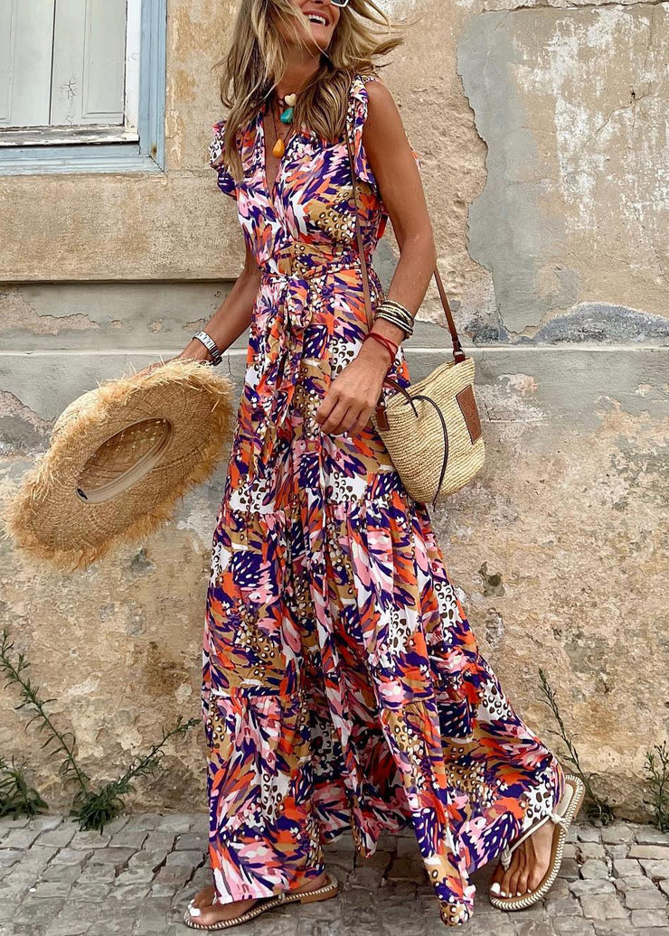 Bohemian Print Tie Waist Cotton Long Dress Sleeveless