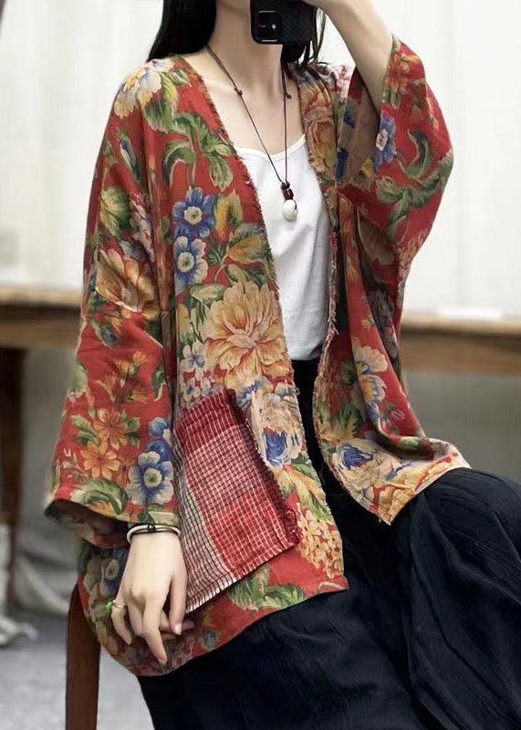 Bohemian Print V Neck Pockets Cotton Cardigans Batwing Sleeve