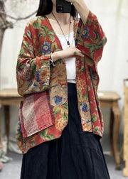 Bohemian Print V Neck Pockets Cotton Cardigans Batwing Sleeve