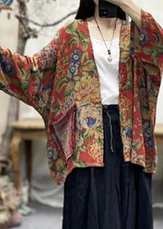 Bohemian Print V Neck Pockets Cotton Cardigans Batwing Sleeve