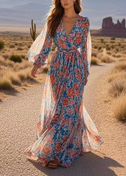 Bohemian Print Wrinkled Tunic Chiffon Maxi Dresses Spring