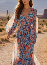 Bohemian Print Wrinkled Tunic Chiffon Maxi Dresses Spring