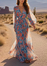 Bohemian Print Wrinkled Tunic Chiffon Maxi Dresses Spring