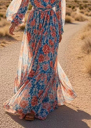 Bohemian Print Wrinkled Tunic Chiffon Maxi Dresses Spring