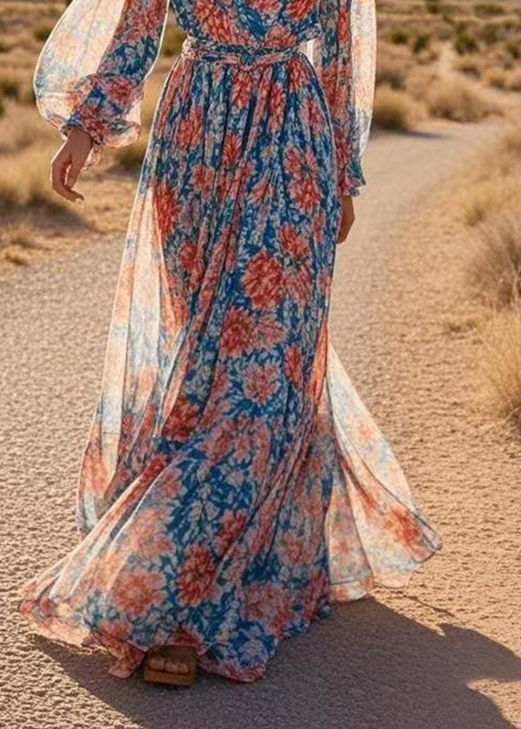 Bohemian Print Wrinkled Tunic Chiffon Maxi Dresses Spring