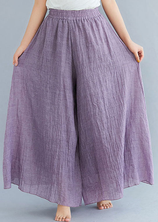 Bohemian Purple Elastic Waist Linen Wide Leg Pants Summer