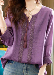 Bohemian Purple Embroideried Zircon Patchwork Linen Tops Summer