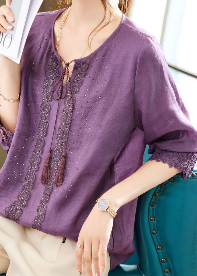 Bohemian Purple Embroideried Zircon Patchwork Linen Tops Summer