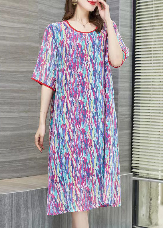 Bohemian Purple O Neck Print Patchwork Chiffon Dresses Summer