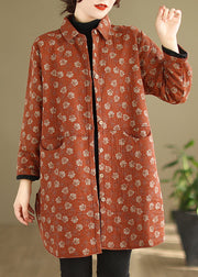 Bohemian Purple Peter Pan Collar Pockets Print Warm Fleece Coat Winter