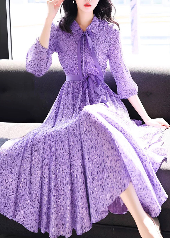 Bohemian Purple Peter Pan Collar Print Chiffon Dress Bracelet Sleeve