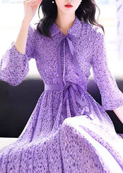 Bohemian Purple Peter Pan Collar Print Chiffon Dress Bracelet Sleeve