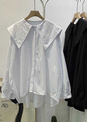 Bohemian white-stripes Peter Pan Collar Button asymmetrical design Fall Long sleeve Top