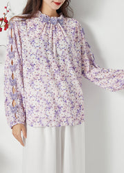 Bohemian Purple Print Hollow Out Chiffon Blouses Spring