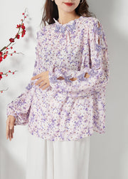 Bohemian Purple Print Hollow Out Chiffon Blouses Spring