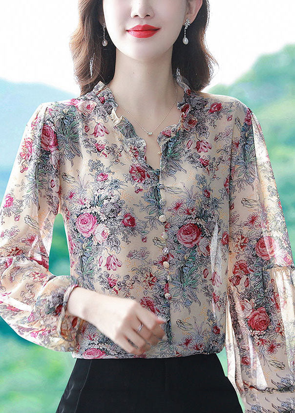 Bohemian Purple Ruffled Print Chiffon Shirts Spring