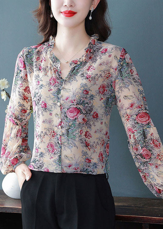 Bohemian Purple Ruffled Print Chiffon Shirts Spring