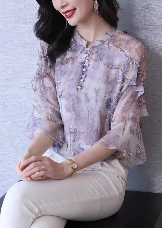 Bohemian Purple Ruffled Print Nail Bead Chiffon Shirt Top Spring